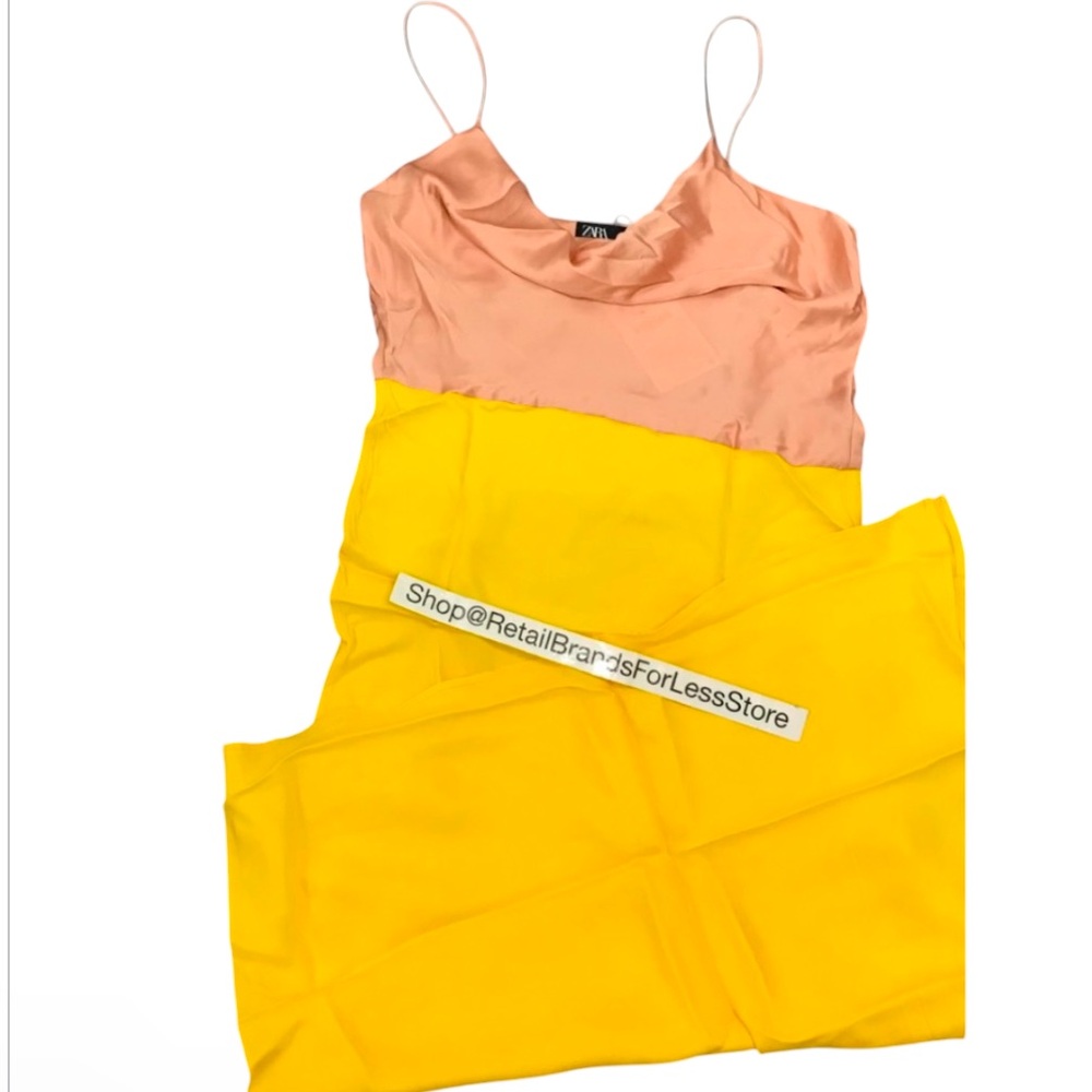 Zara Satin Effect Slit Yellow Nude Colorblock Slip Cami Midi Maxi Dress - Picture 10 of 15